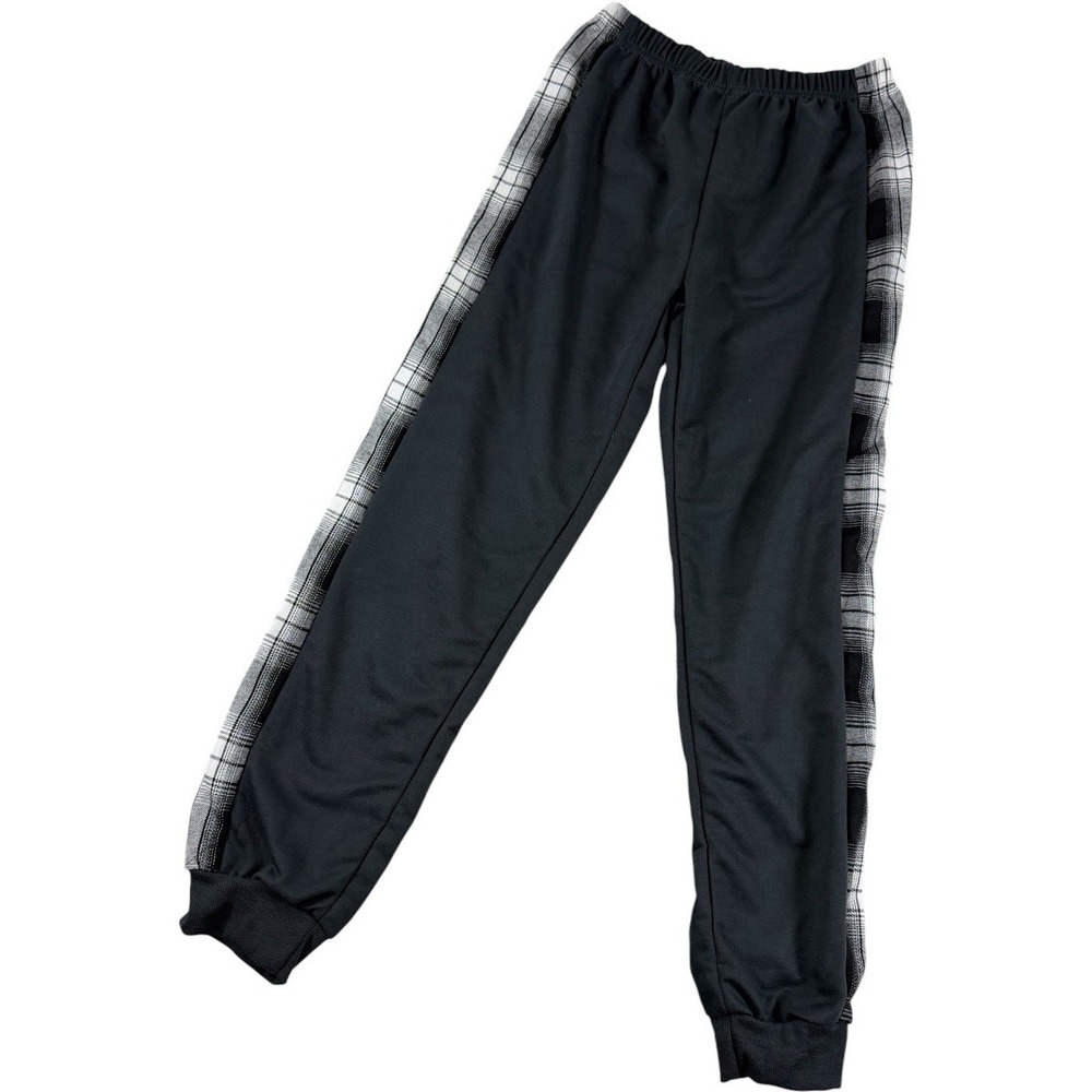 SHEIN Boys Black Jogger Sweatpants Plaid Side Striped Panels Size 11-12Y